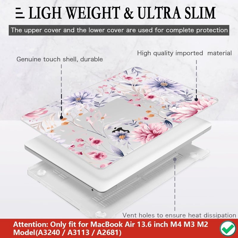 CISSOOK Flower Case for MacBook Air 13.6 Inch M4 M3 M2 Chip Model A3240 A3113 A2681, Plastic Shell Cover with Keyboard Cover Screen Protector for MacBook Air 13 2022-2025, Flowers Watercolor - Image 4